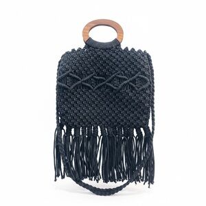 Danielle Nicole Black Woven Tote with Wooden Handle